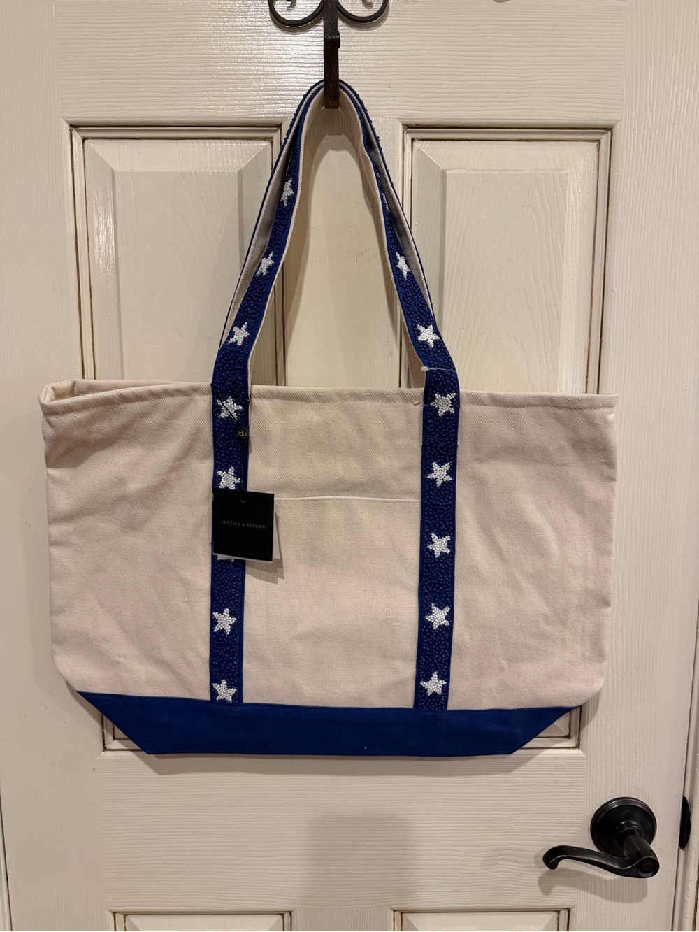 America & Beyond Beaded Stars Lined Tote - Blue & Cream